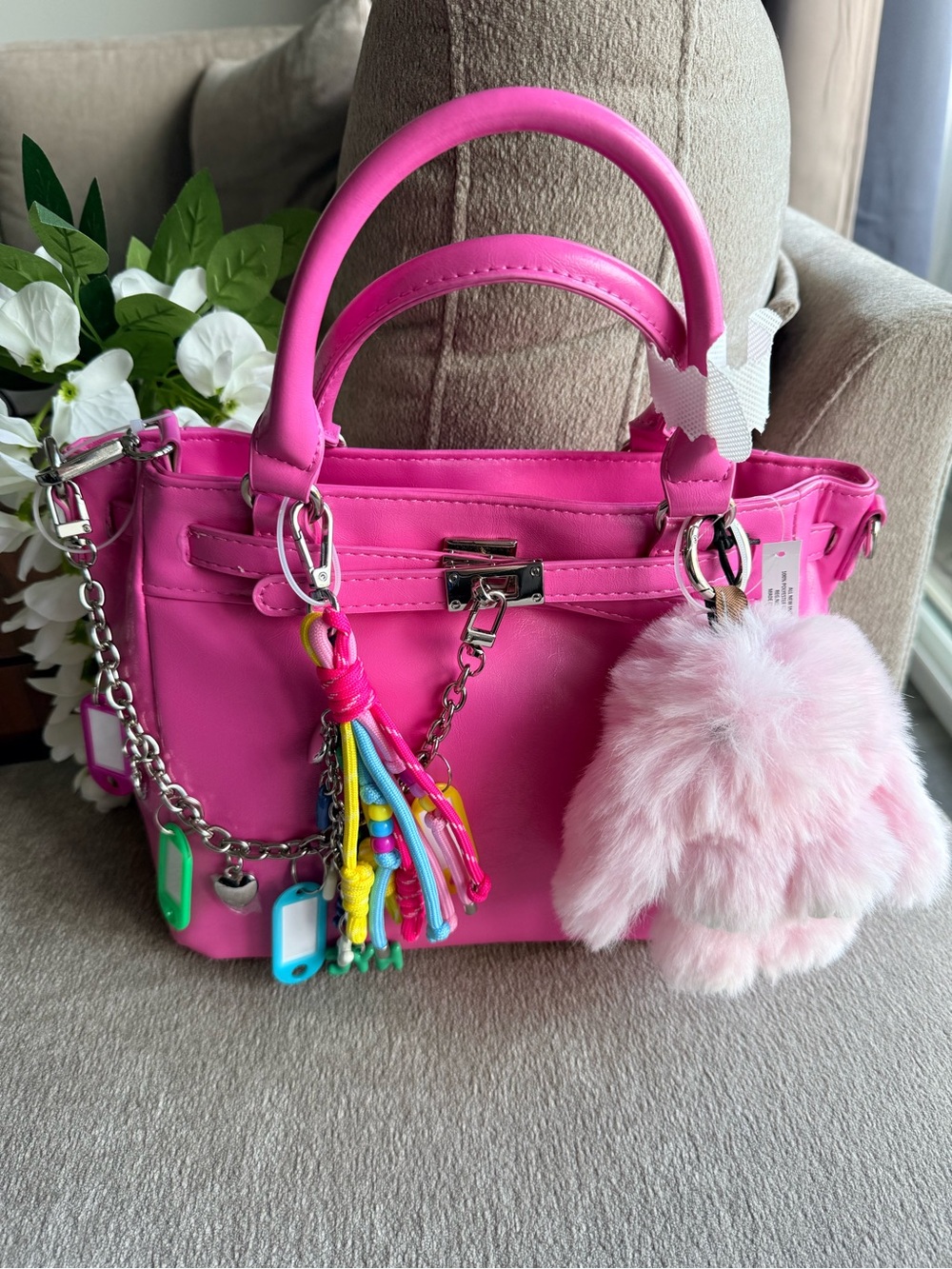 Madden NYC Pink Faux Leather Handbag with Pom Pom Charm & Crossbody Strap NWT